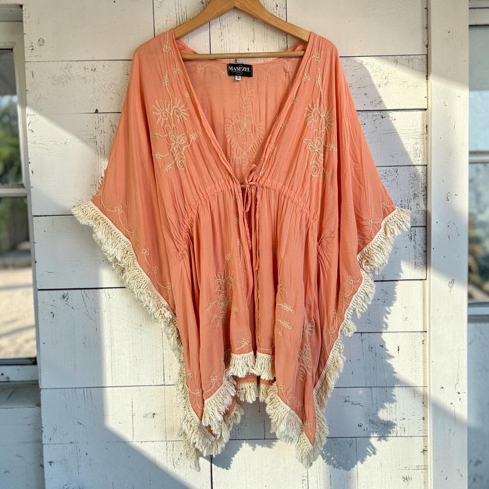 Boho Kimono Top Mam'Zel OS Coral Pink Peach Gauze Embroidered Fringe Flowy